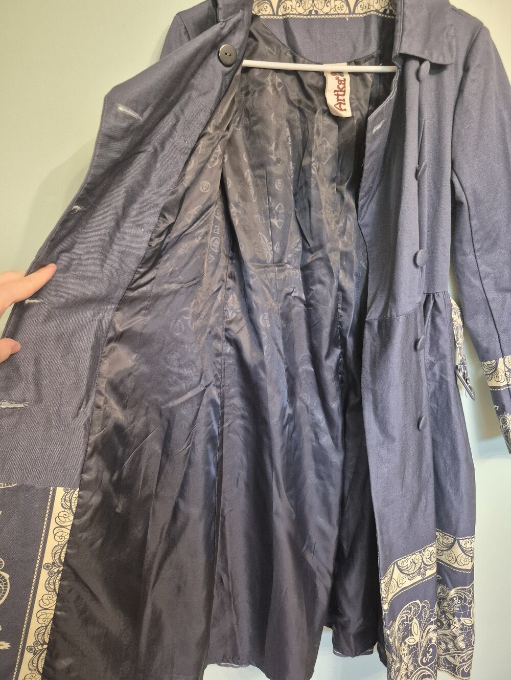 Artka Women's Navy Blue Double-Breasted Trench Coat Cream Paisley Trim Size S - Picture 6 of 9